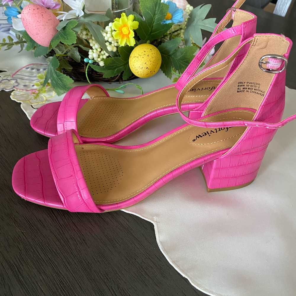 Pink Croc-Embossed Block Heel Sandals